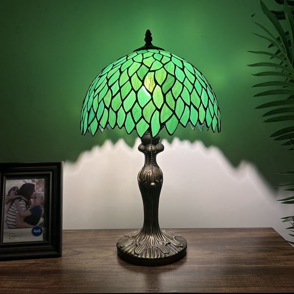 Stained Glass Table Lamp Green Leaves Included LED Bulb for Living Room Dining Room Bedroom Bedside 19"H*12"W*12"D