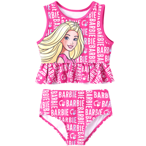Barbie Toddler Girls Swimsuit Set Holographic Barbie Letter Print Graphic Ruffle Peplum Tankini Top Swim Bottoms 2 Piece Tankini Swimwear Sizes 2Y