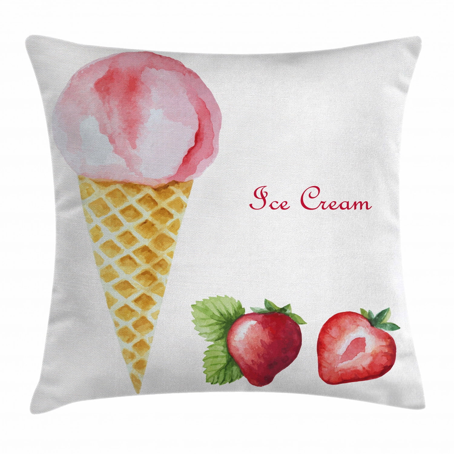 Ice Cream Decor Throw Pillow Cushion Cover, Watercolor Strawberry Flavor Summer Kids Girls Yummy Artwork, Decorative Square Accent Pillow Case, 16 X 16 Inches, Sand Brown Light Pink, by Ambesonne