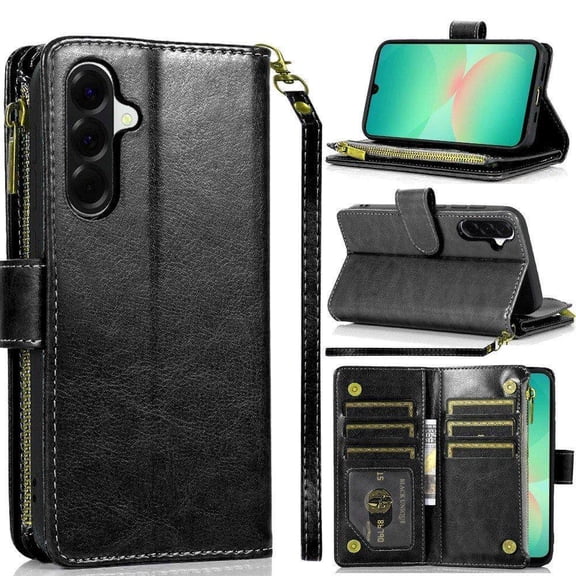 TJS Phone Case for Samsung Galaxy A27, Luxury Wallet Card ID Zipper Money Holder Cover (Black)