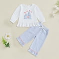thumbnail image 2 of TOWED22 Toddler Baby Girl Outfits Ruffle Long Sleeve Striped Trim Tops + Flare Pants Set Toddler 2Pcs Fall Winter Clothes,White,18-24 M, 2 of 4