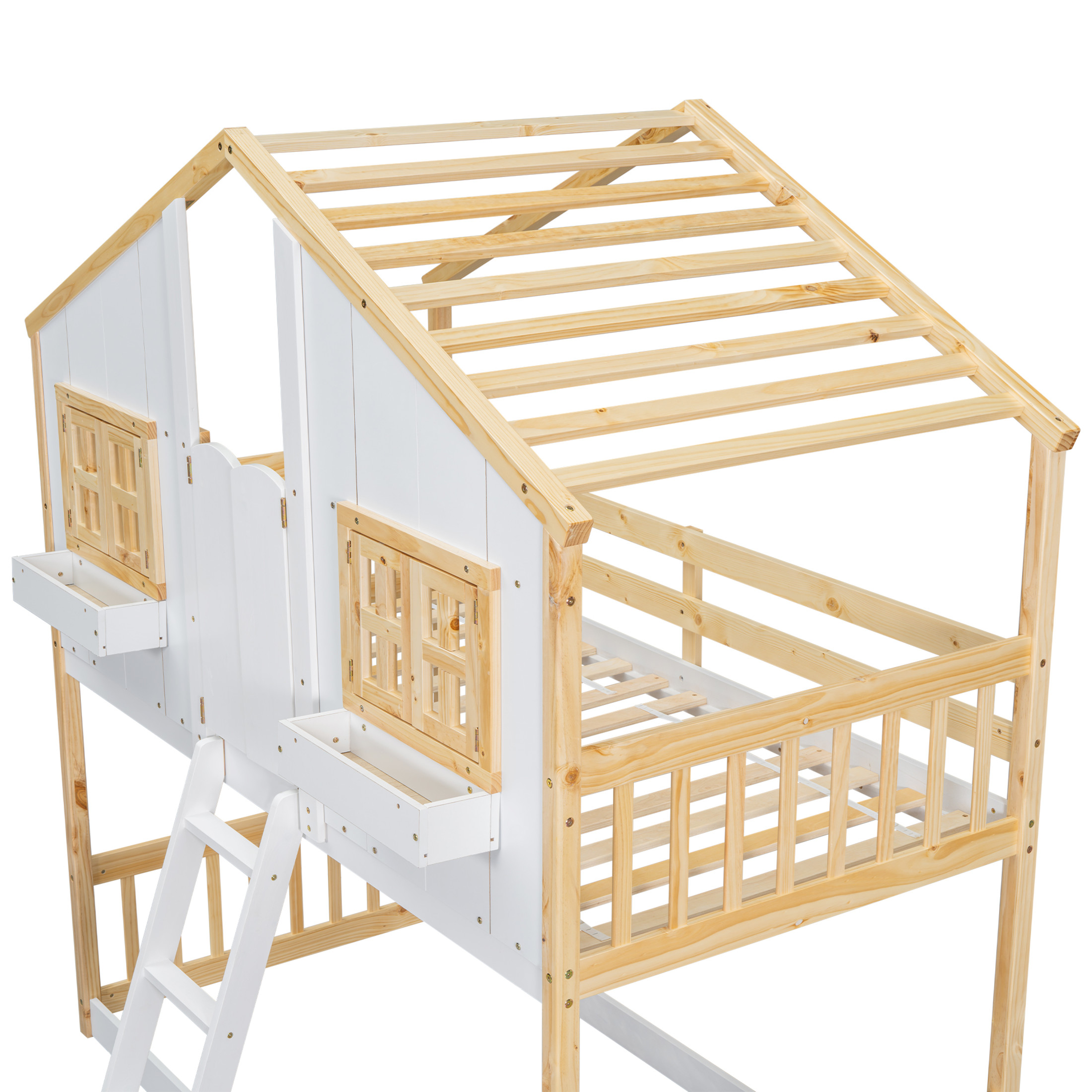 Noble House Twin Over Twin House Bunk Bed, Pine Wood Frame with Safety Guardrails and Ladder, Natural + White