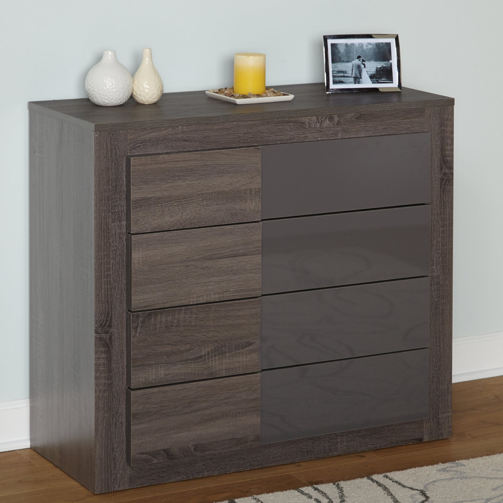 TMS Maya Boho 4-Drawer Dresser with High Gloss Gray Accents, Dark Sonoma Oak