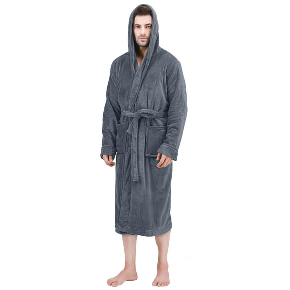 NY Threads Men's Hooded Fleece Bathrobe Plush Long Spa Robe, Grey, Large-X-Large