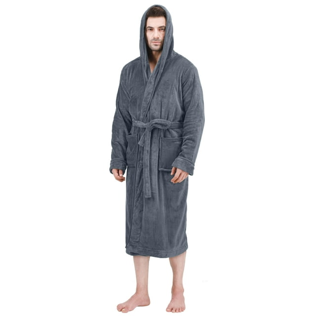 NY Threads Men's Hooded Fleece Bathrobe Plush Long Spa Robe, Grey, Large-X-Large