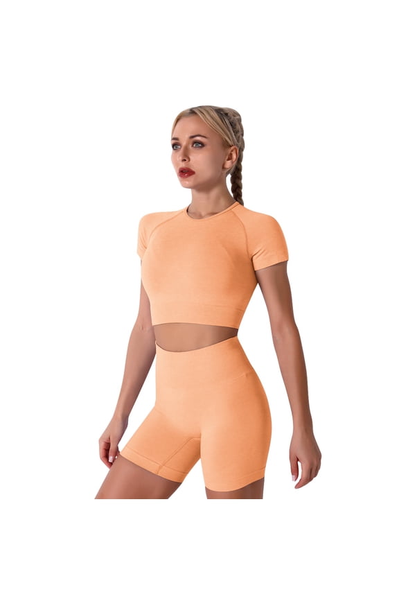 Women Workout Sets Yoga Outfits, Short Sleeve Crop Top + High Waisted Running Short Pants Gym Clothes Tracksuit, 2-Piece S Orange