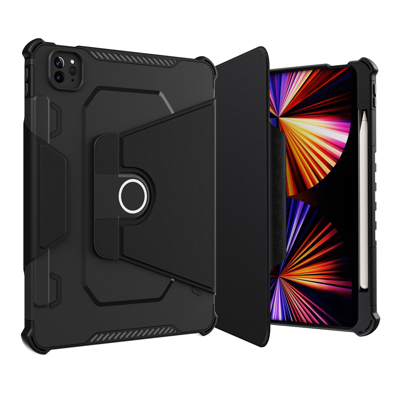 Dteck Case for iPad Pro 11" 4th/3rd/2nd/1st Gen (2022/2021/2020/2018),iPad Air 5th 4th Gen Magnetic Leather Shockproof Rubber Rugged Case Rotatable Kickstand with Pencil Holder Heavy Duty Cover,Black