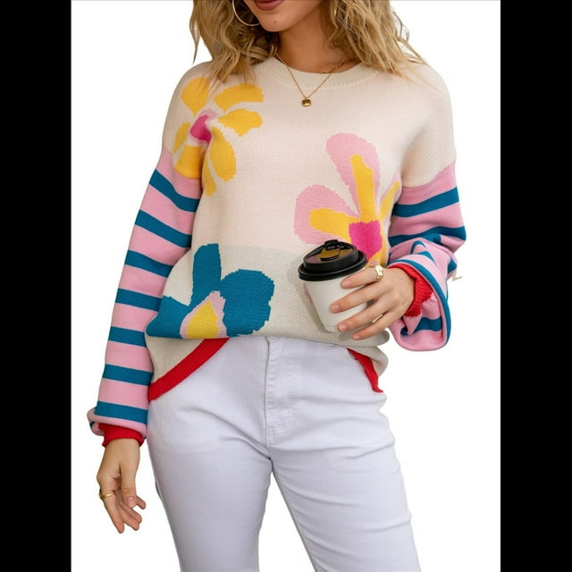 Suéteres con Estampado Floral para Mujer, Suéteres de Punto de Cuello Redondo y Larga con Retazos A Rayas Albaricoque M
