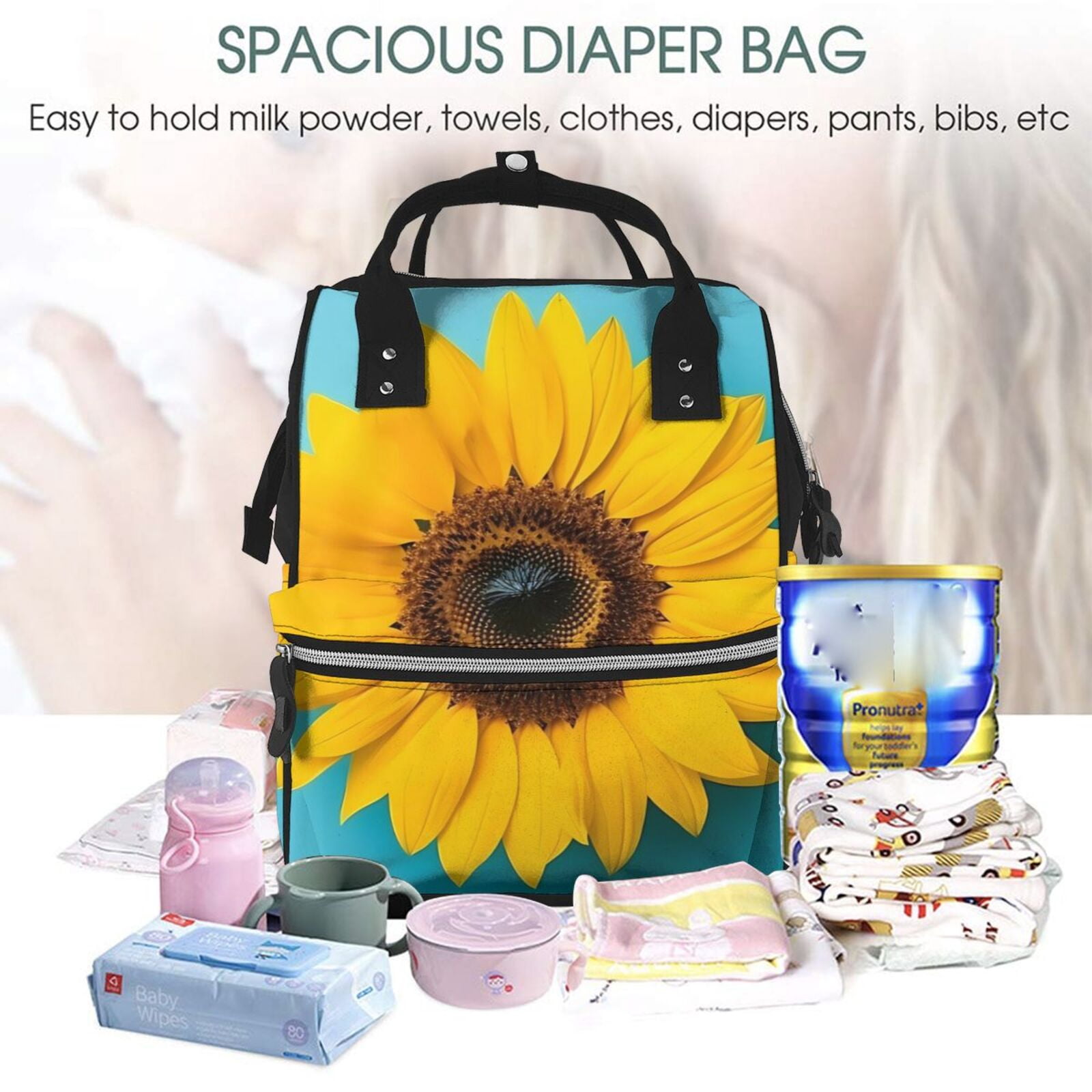 Fuzoiu Golden Sunflower in Blue Print Diaper Bag Backpack,Baby Essentials Travel Tote,Multi function Waterproof Diaper Bag, Travel Essentials Baby Bag - Unisex