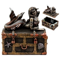 Ebros Bronzed Mermaid Nerida Resting On Sunken Treasure Jewelry Box Figurine 5.25"L Decorative Trinket Keepsake
