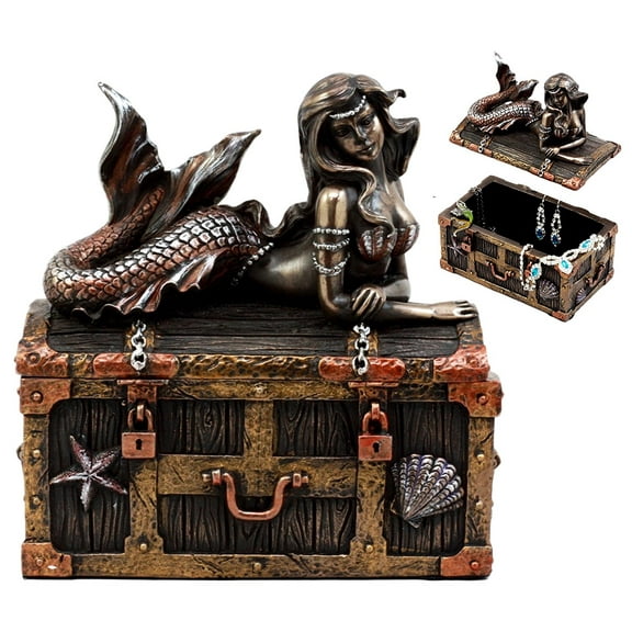 Ebros Bronzed Mermaid Nerida Resting On Sunken Treasure Jewelry Box Figurine 5.25"L Decorative Trinket Keepsake