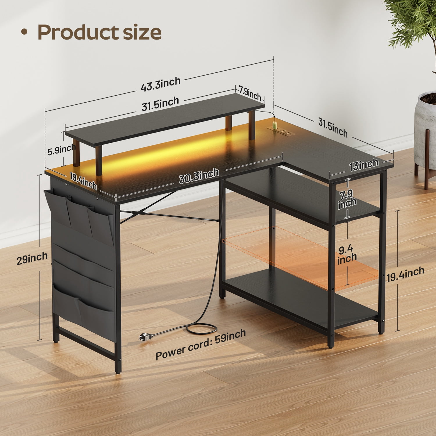 HLDIRECT 43 Inch L Shaped Computer Desk with Power Outlet, Gaming Corner Desk with LED Lights, Home Office Table with Storage Shelves & Monitor Stand, Black