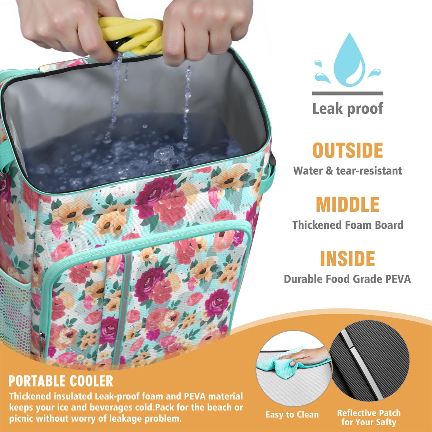 Travel Cooler Bag - Pioneer Flower Floral Print Pattern Camping Beer Cooler Backpack with Bottle Opener- Waterproof Insulated Picnic Backpacks - Cooler Bag for Beach