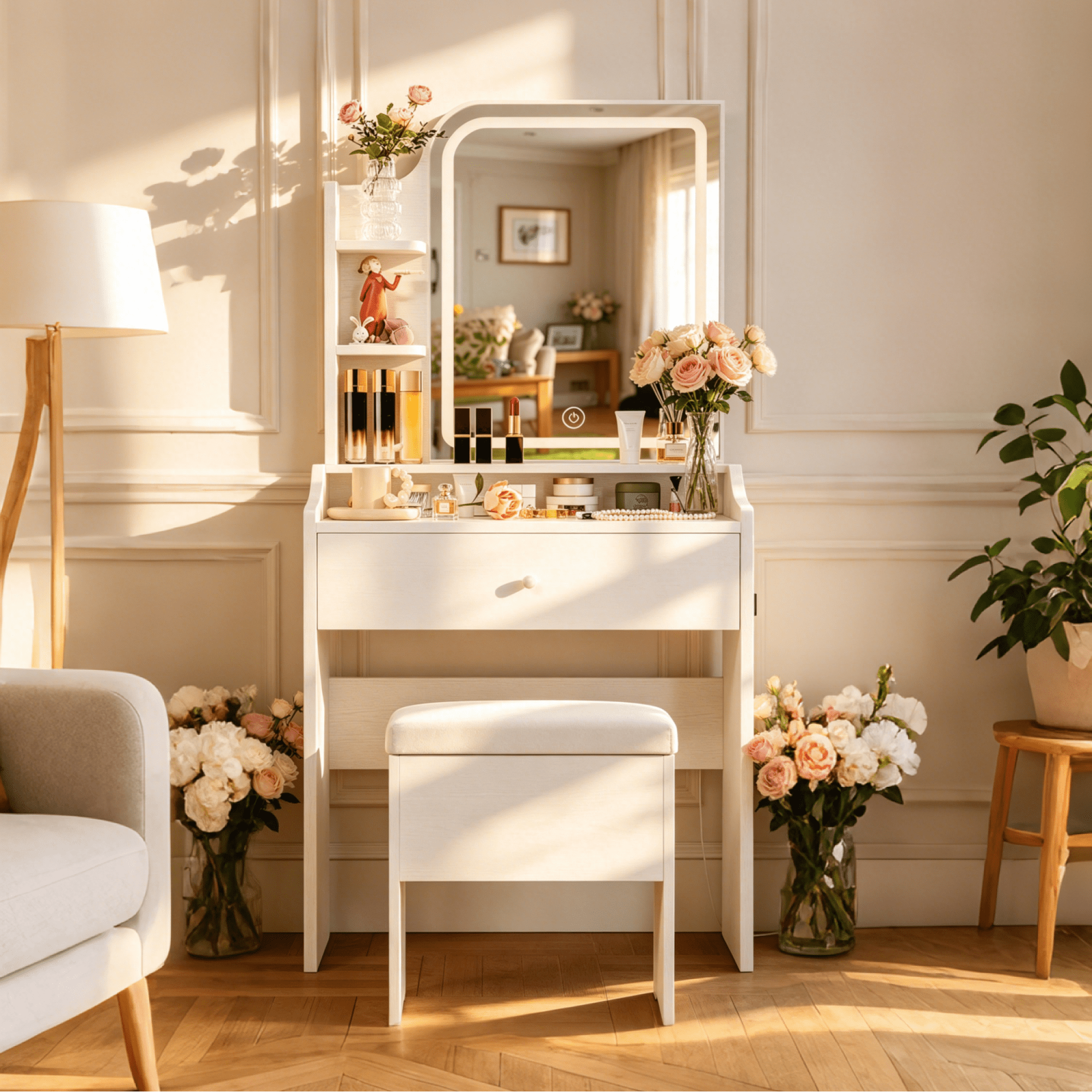 HOQBN White Vanity Set with Mirror and Smart LED,Small Makeup Table Dressing Table with Storage for Apartments,Bedrooms,Living Rooms