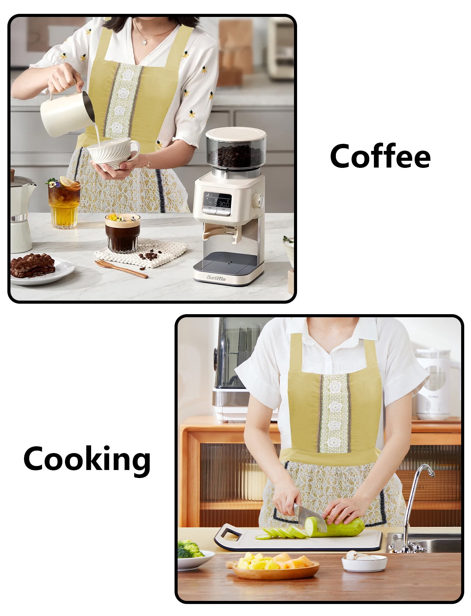 FEOYA Cooking Apron for Women Cotton Apron Pinafore Aprons Lace Cute aprons Dress Loose Smock for Kitchen Gardening Chef Baking Art Painting Yellow