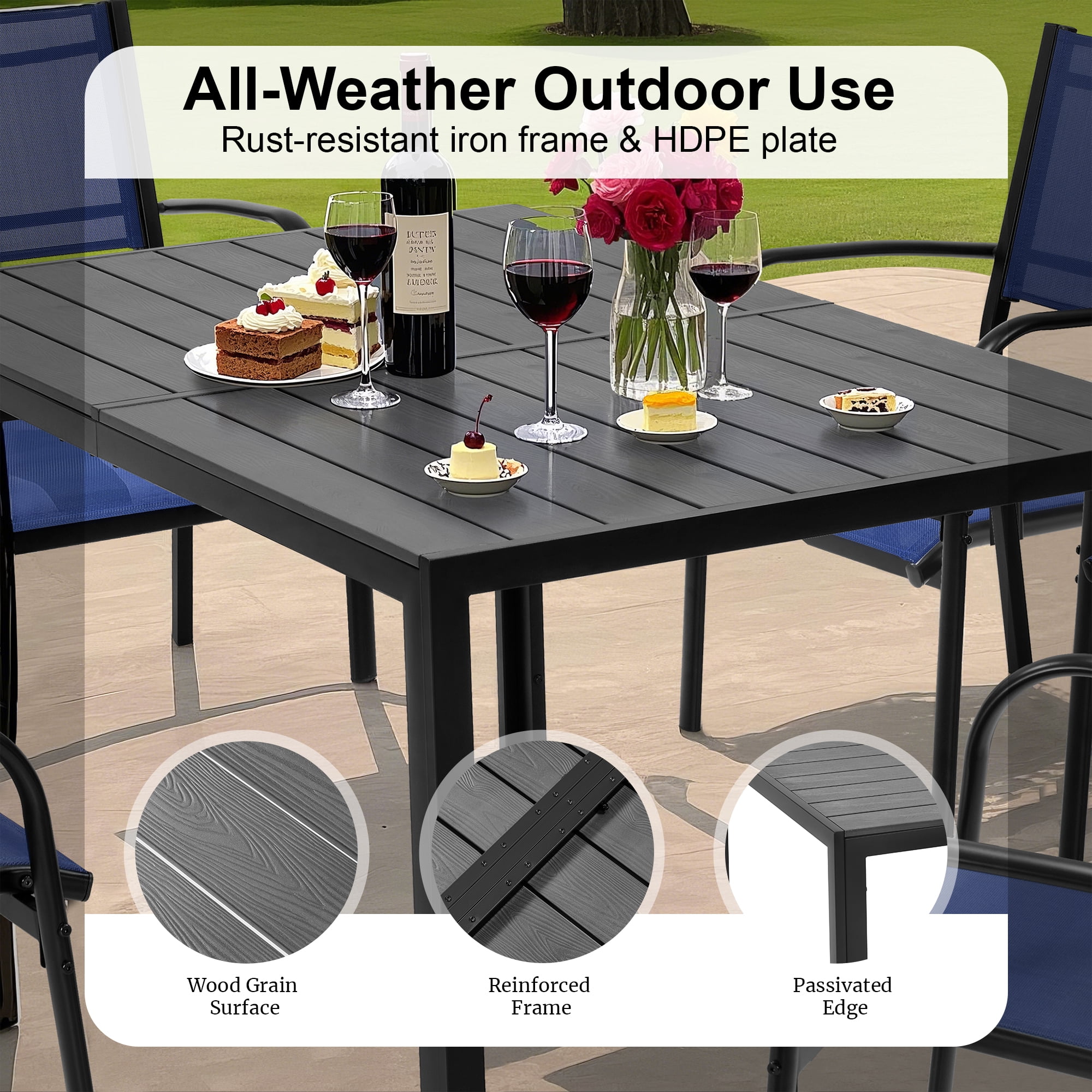 7-Piece Patio Dining Set – Outdoor Rattan Dining Set with 6 Textilene Chairs, Plastic Wood Grain Weather-Resistant Table and Chairs for Garden, Backyard & Poolside