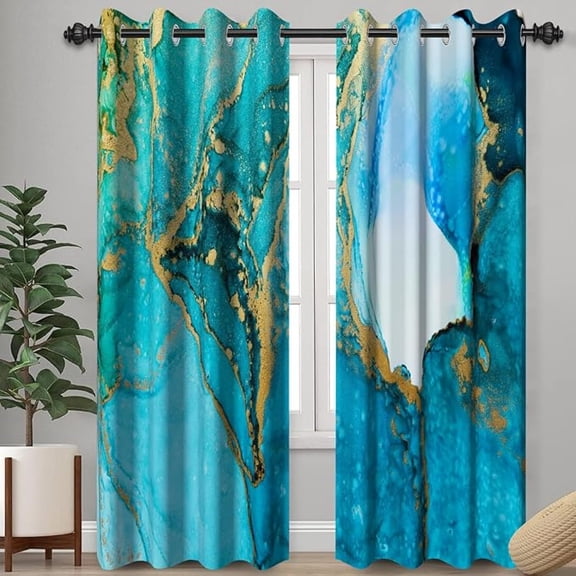 Teal Blue Gold Marble Curtains For Bedroom, Vibrant Vein Print Window Drapes For Living Room, Modern Turquoise Luxurious Curtains For Home Decor 42"W x 108"L (Pack of 2)