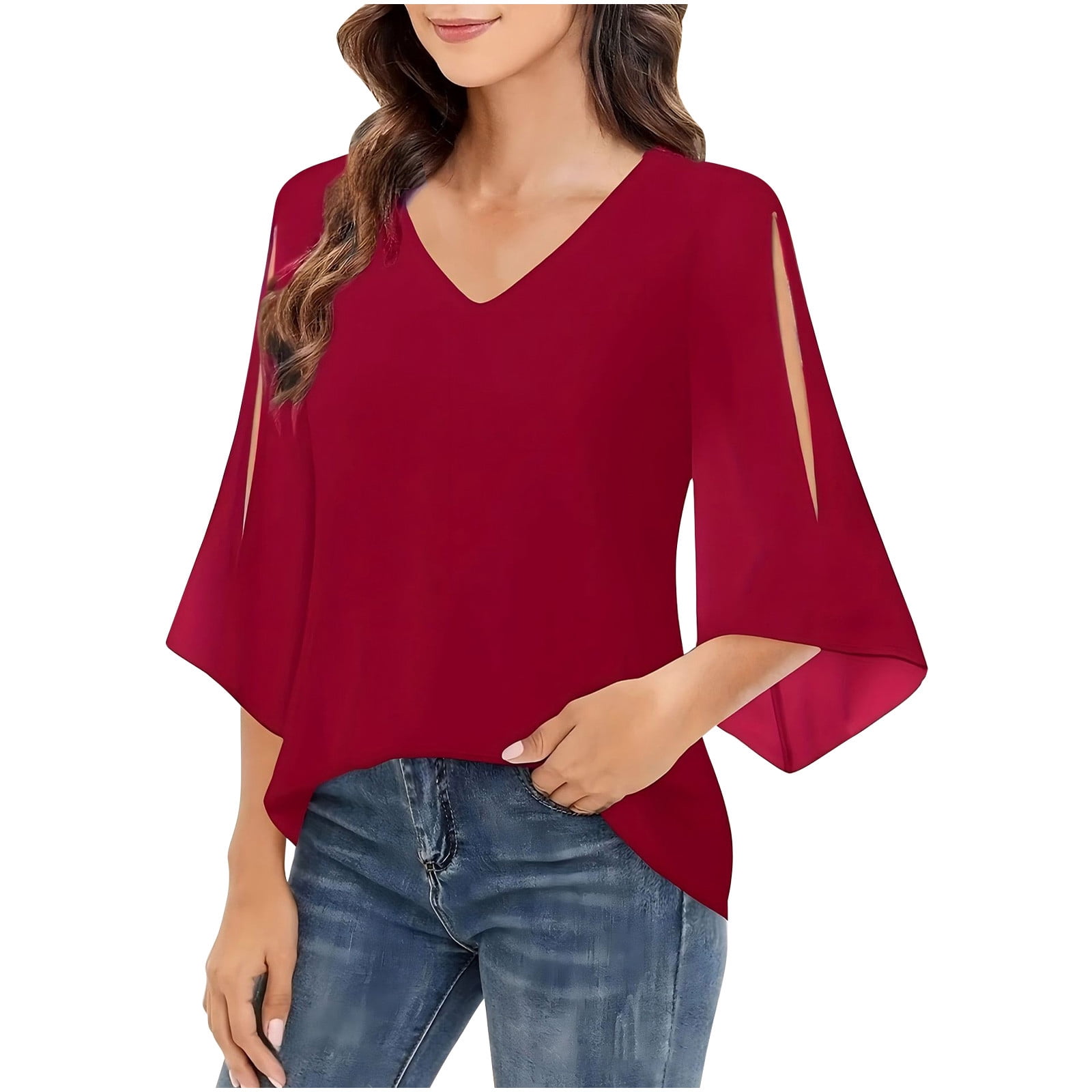 Savings Clearance Womens Ruffle 3/4 Sleeve V Neck Double Layers Chiffon Blouses Dressy Tops