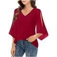 thumbnail image 2 of Viluyesy Women's 3/4 Sleeves T-Shirt V-Neck Shirt Tops Relaxed Loose Blouse Wine Size L, 2 of 8