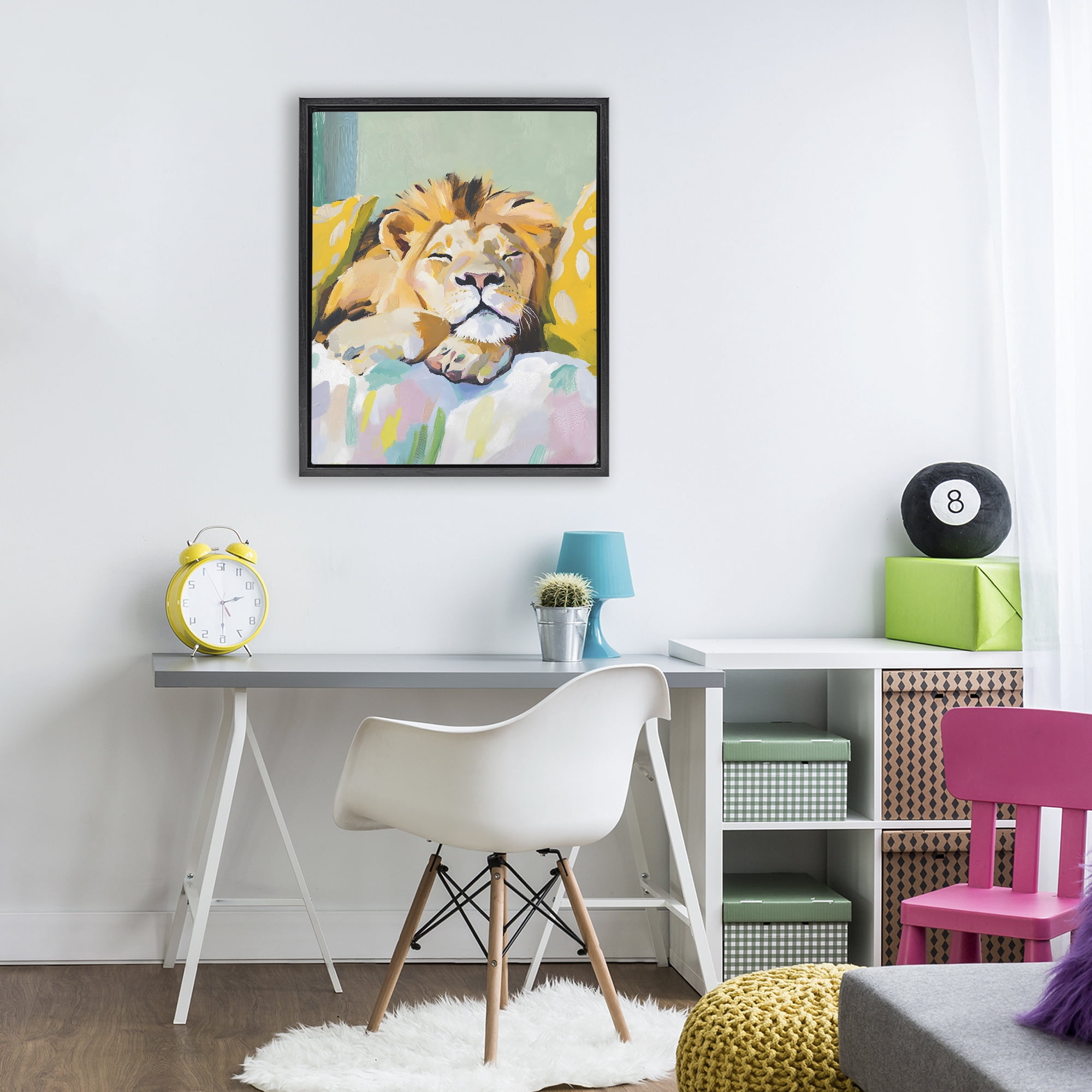 Stupell Industries Sleeping Lion on Pastel Pillows Black Framed Floater Canvas Wall Art, design by The Prints Vibe