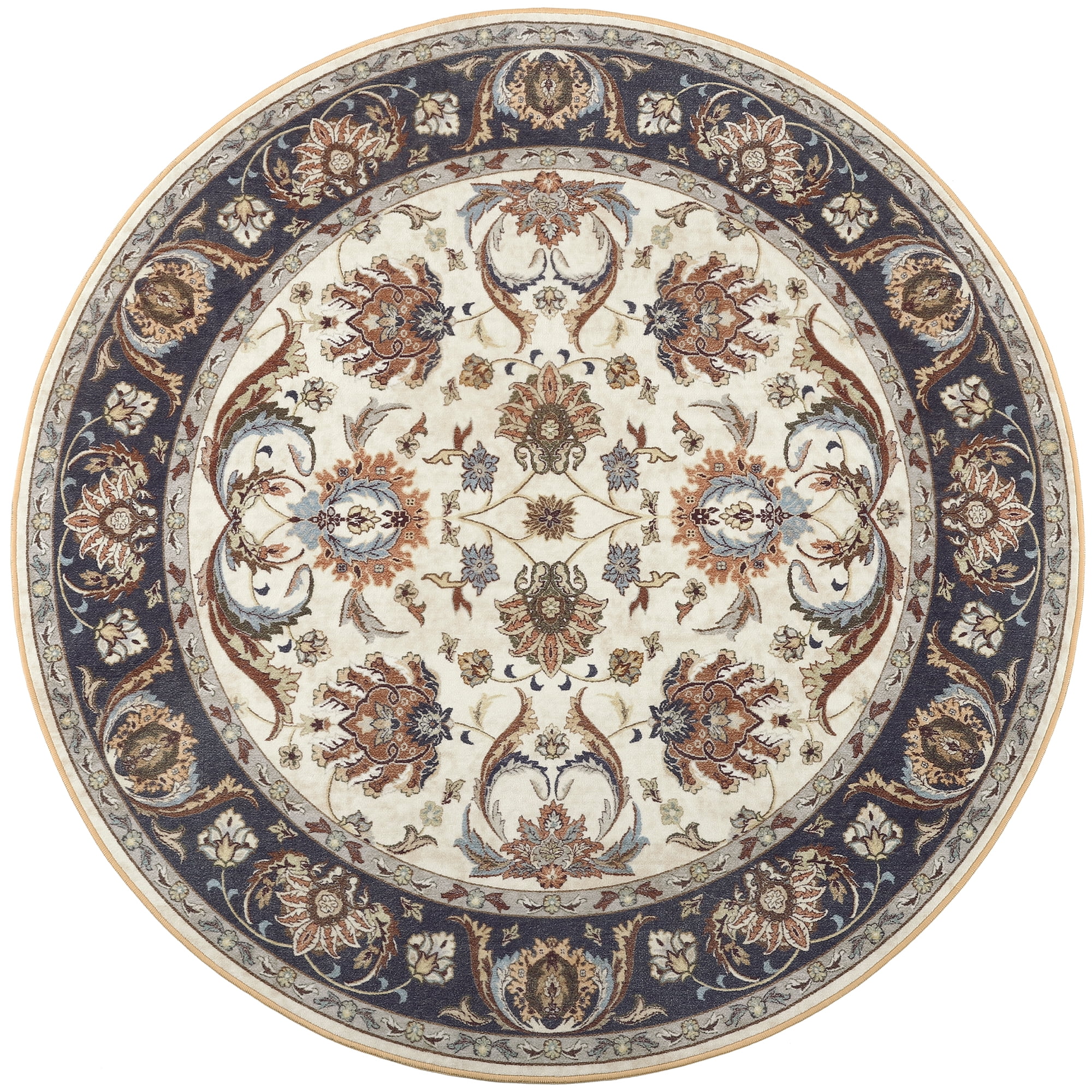 Cydiria Beige Round Persian Medallion Area Rug Floral Pattern Print Low-Pile Carpet for Living Room, 4' x 4'