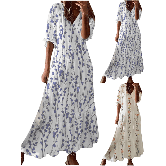 Zeijnsda Summer Maxi Dresses for Women Casual V-neck Mid-Length Sleeves Long Dresses Boho Floral Print Loose Maxi Beach Dresses