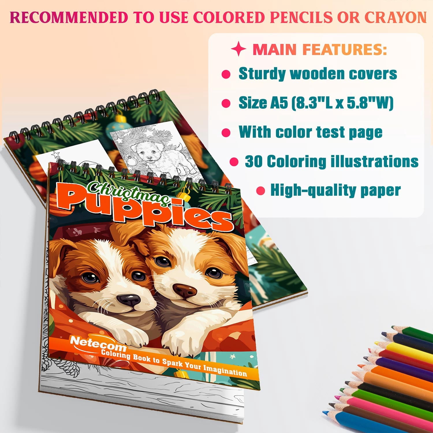 Netecom Christmas Puppies Coloring Book Spiral Bound for Adults, A5 Wooden Cover, 30 Xmas Theme Coloring Pages of Cute Dogs for Stress Relief and Relaxation