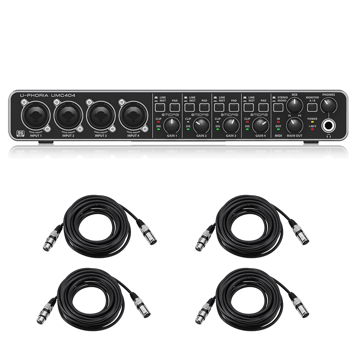 Behringer U-PHORIA UMC404HD USB Audio Interface, Audiophile 4x4, 24-Bit/192 kHz USB Audio/MIDI Interface with Midas Mic Preamplifiers  Bundle with 4x 25' XLR M to F Microphone Cables (5 Items)