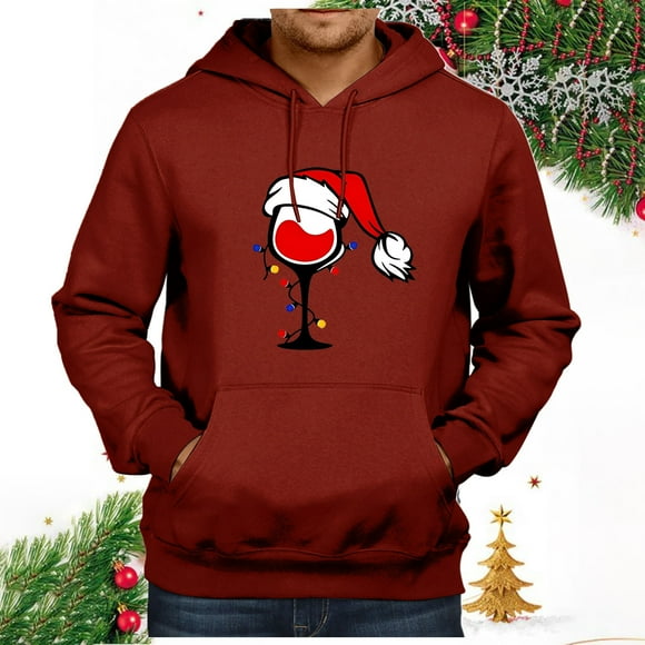 Ediodpoh Christmas Hoodies for Men 2024 Red Wine Glasses with Santa Hats Graphic Sweatshirts Pullover Sweater Winter Clothes Sweatshirt for Men Red XXL