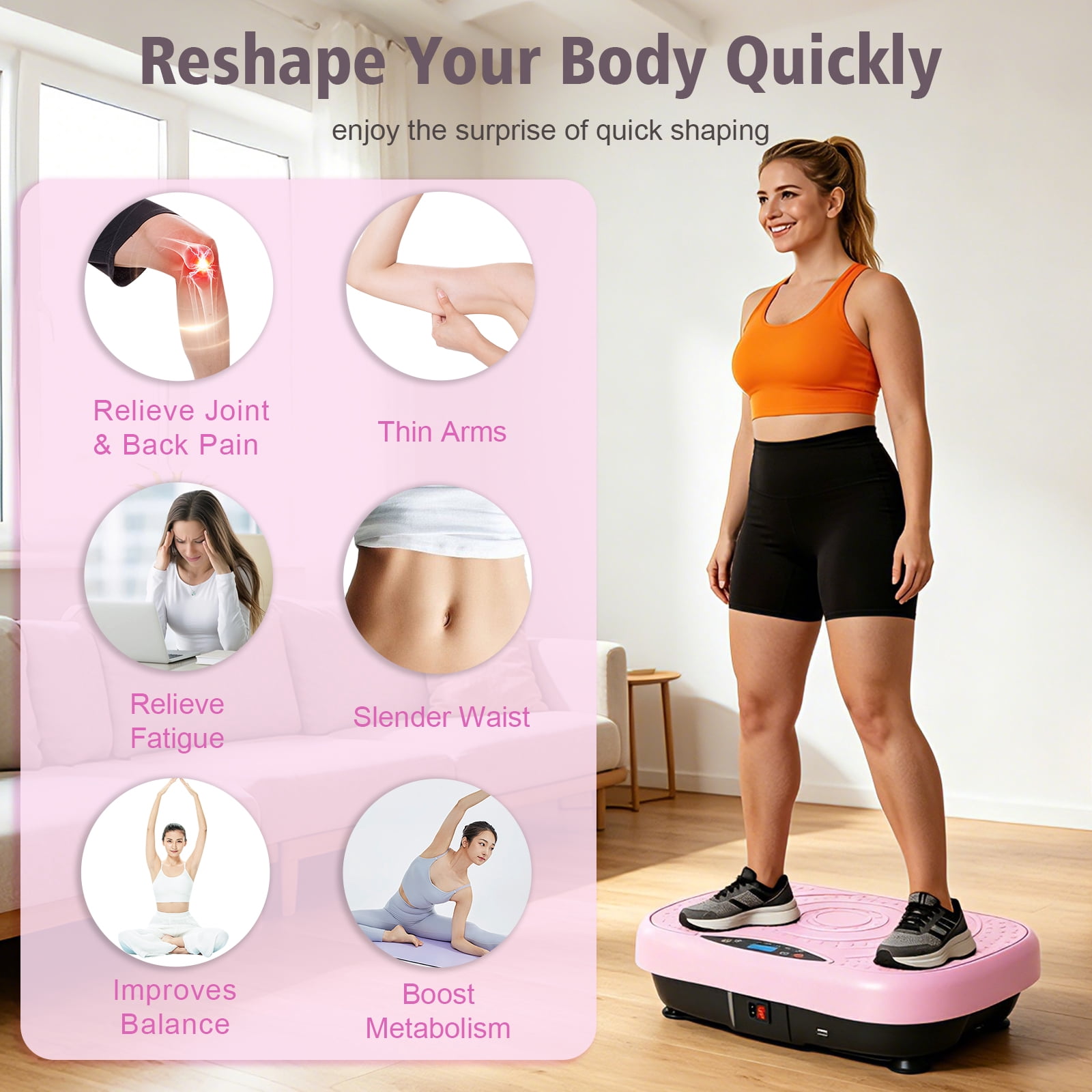 RICAN Vibration Plate Exercise Machine with Bluetooth, Resistance Bands, Loop Bands & Remote Control for Weight Loss Fat Burner, Pink