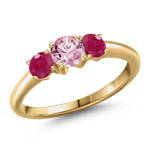 Gem Stone King 18K Yellow Gold Plated Silver Pink Lab Grown Diamond and Red Ruby Engagement Ring for Women | 1.20 Cttw | Round 5MM | Gemstone April Birthstone | Size 5