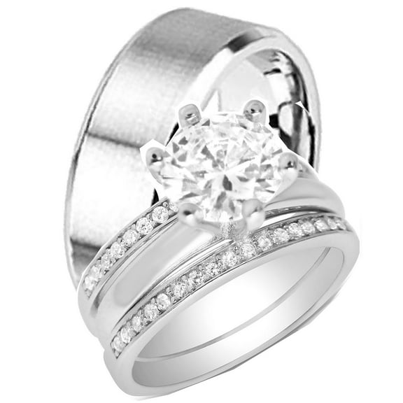 His & Her Sterling Silver 1 Carat CZ Bridal Set & Men's Steel Wedding Band Hers 6 His 9