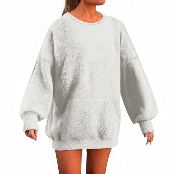 Diufon Fleece Tops for Women Fall Winter Long Sleeve Crewneck Fuzzy Warm Top Solid Color Pullover with Pockets
