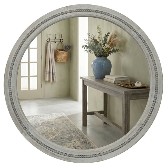 30 Inch Round Farmhouse Mirror for Bathroom Vanity, Distressed Grey Solid Wood Wall Mirror - Rustic Weathered Gray Beaded Circle Mirror for Industrial Decor