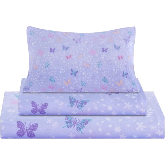 Viviland 4 Pieces Girls Light Purple Full Sheet Set - Soft Microfiber Fitted Flat Sheets & Pillowcases Butterfly Floral Printed Bedding Sets for Kids