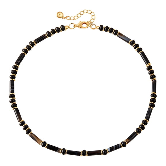 Black Onyx Beaded Necklace for Men, Handcrafted Elegant Choker with Adjustable Length, Classic Black and Gold, Versatile for Commuting, Work, and Daily Wear