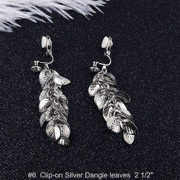 Clip on 2 1/2" silver long leaf cluster earrings with top clear stone