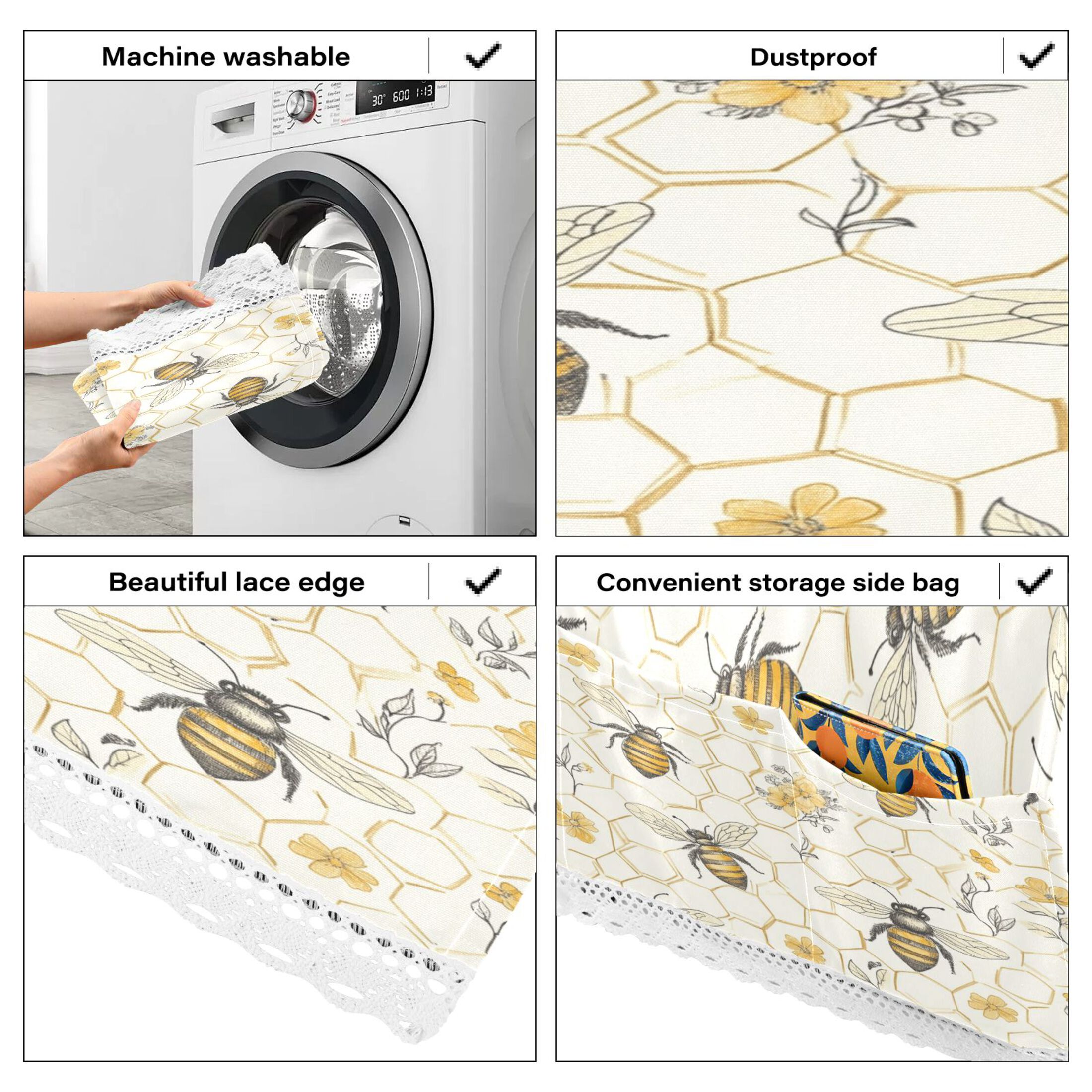 WOBOGO Honeycomb with Bees Pattern Washing Machine Cloth Dryer Refrigerator Top Cover Protective Non-Slip Mat For Kitchen Laundry