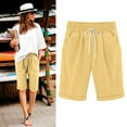 thumbnail image 2 of Dazajoo Women's Plus Size Bermuda Shorts with Pockets Knee Length Cotton Linen Elastic Waist Drawstring Shorts Lightweight Casual Vacation Beach Shorts,Yellow,XXL, 2 of 7