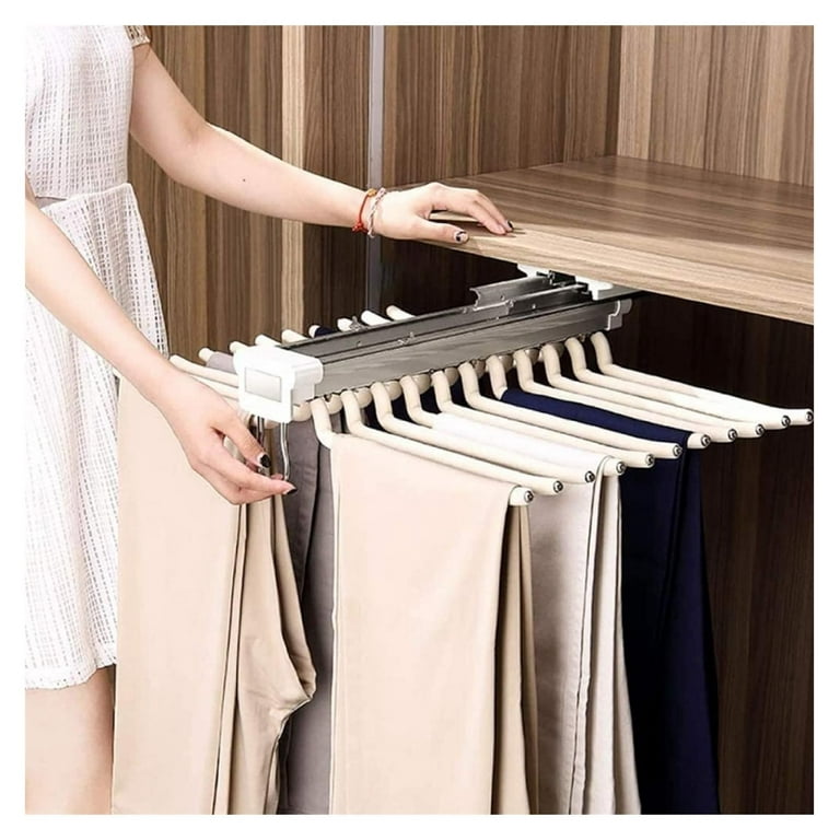 Pull Out Pants Rack Trousers Hanger Bar 22 Arms Steel Pants Rack Closet Pull Out Space Saving Clothes Organizers for Cloakroom Wardrobe Bedroom Beige Walmart