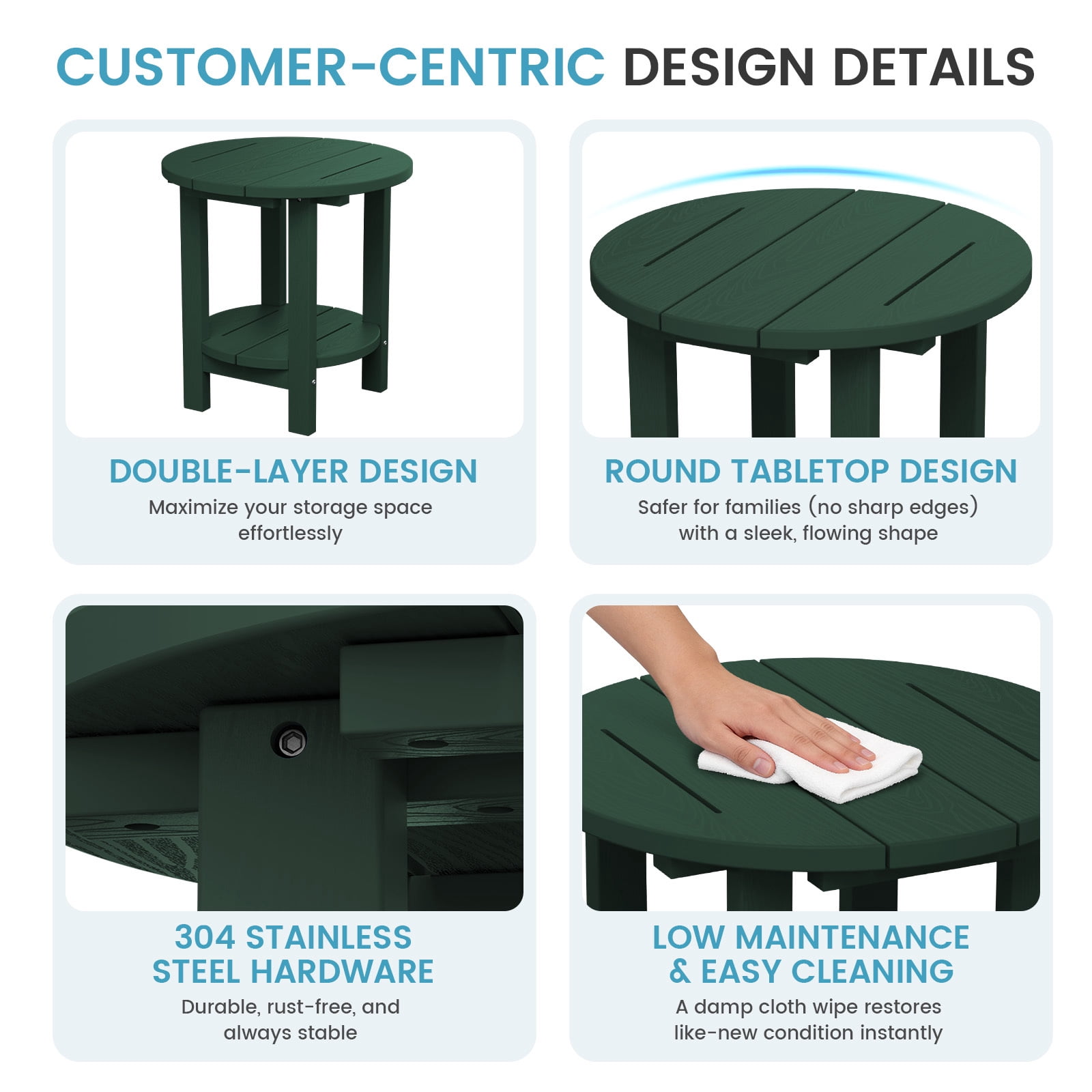 FUNDAZE 2-Tier Round HDPE Patio Side Table, End Tables For Living Room, Waterproof Indoor & Outdoor Small Table for Poolside, Garden, Dark Green