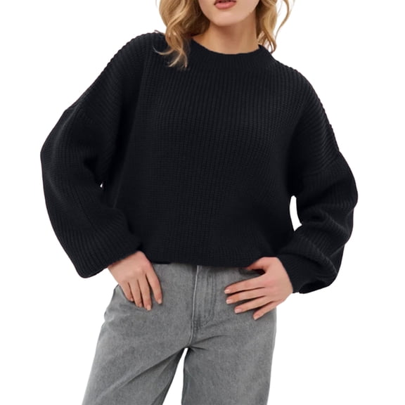 Women's Loose Solid Color Short Round Neck Pullover Long Sleeve Knit, Comfortable and Casual Sweater, Short Length Design, Perfect for High-Waisted Bottoms, Soft Knit for Women,Black,L