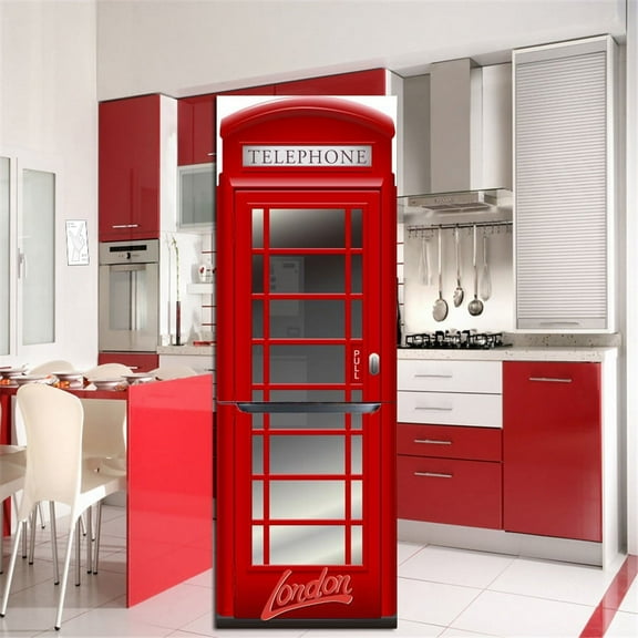 Red TelephBooth 3D Wallpaper For Fridge Adhesive Waterproof Wall Sticker Kitchen Refrigerator Door D