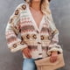 thumbnail image 2 of Chaqueta tipo cárdigan Cuello en V Hombros caídos Manga larga Patrón estampado Suéter de punto para mujer Beige L, 2 of 6