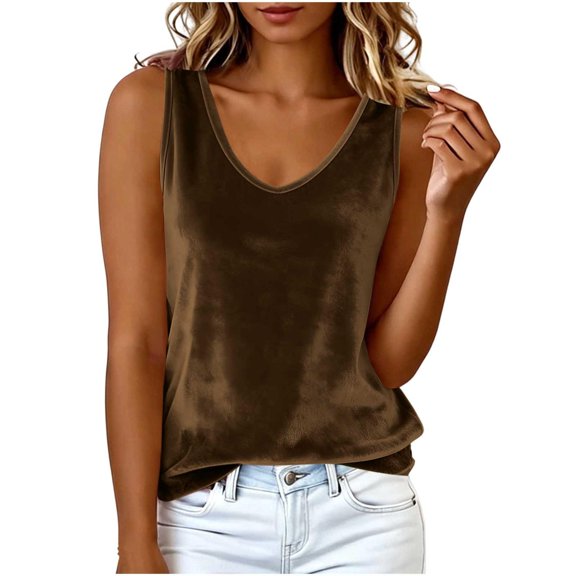 Ozmmyan Womens V Neck Sleeveless Relaxed Casual Velour Tank Top