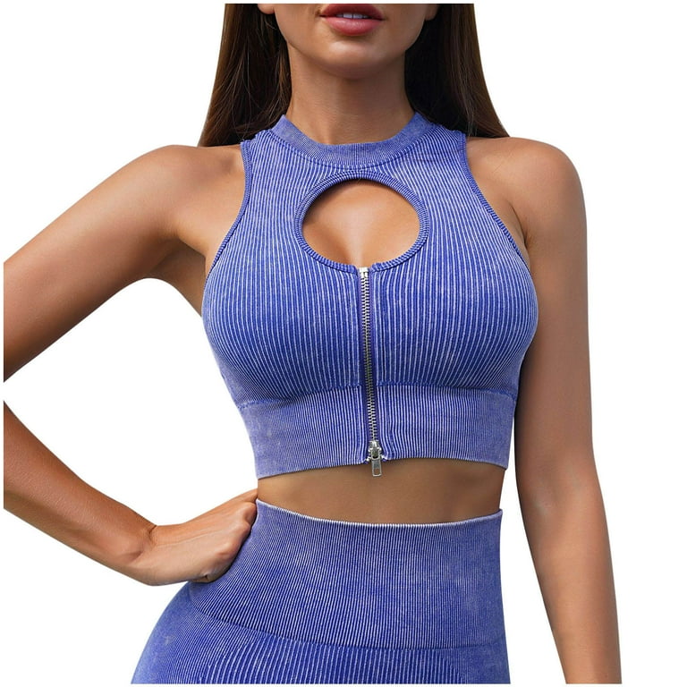 XFLWAM Womens Workout Seamless Ribbed Hollow Out Yoga Sports Bra Keyhole Zip Crop Top Bra Gym Clothes Blue S Walmart