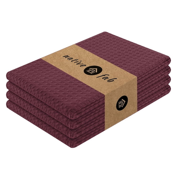 Native Fab Waffle Cotton Dish Tea Towels 16x26 - Kitchen Dishcloths with Hanger, 4 Pack - Burgundy