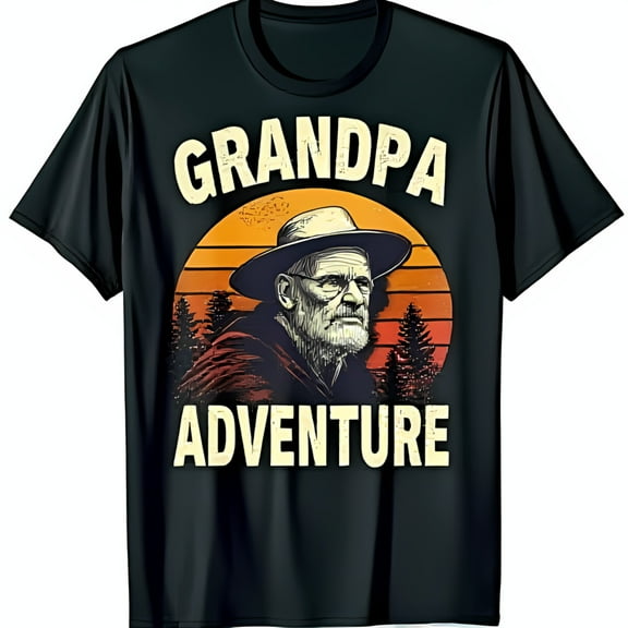 Retro Black T-Shirt with Cartoon Grandpa Graphic Sunset & Adventure Design