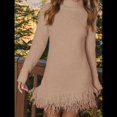 thumbnail image 3 of Vestido Tipo Suéter de Larga para Mujer, Informal, de Punto Acanalado, con Borlas, para Otoño. Caqui S, 3 of 5
