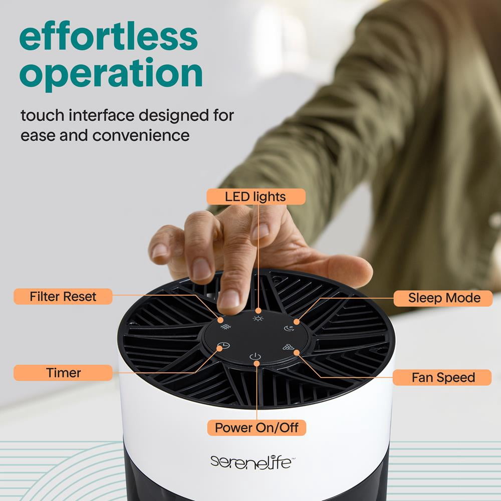 SereneLife Portable Air Purifier with Aroma Box & Ambient Light, 2-Speed, Timer, Sleep Mode, Filter Reminder, 6x6x12 in, White